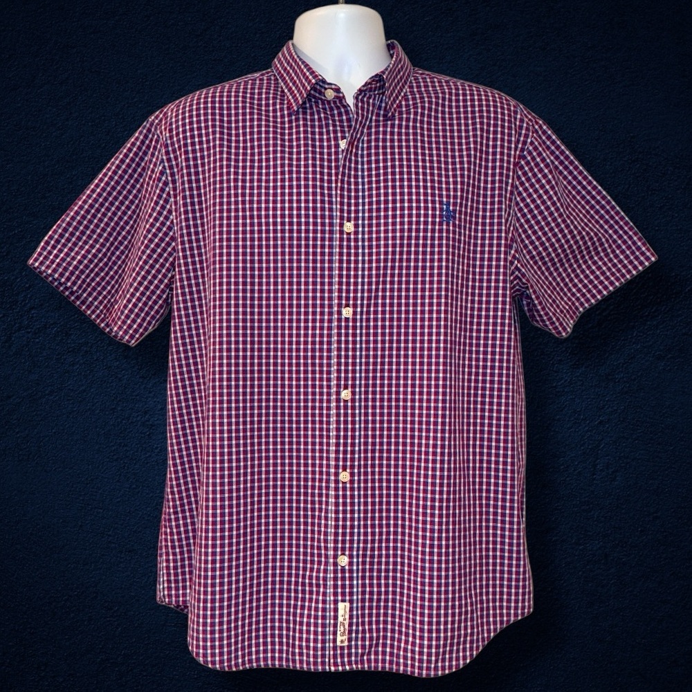 Original Penguin Classic Fit Button Down Shirt XL Red Blue Check Short Sleeve